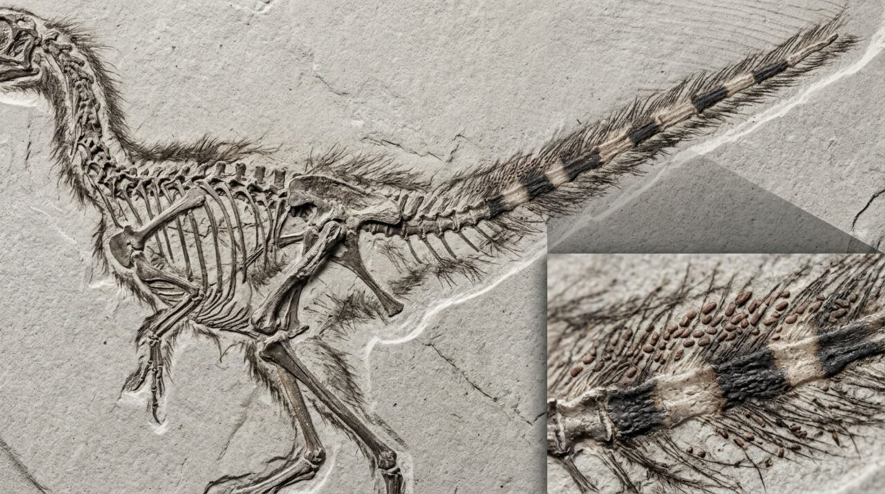 Melanosomas preservados nos filamentos fossilizados do Sinosauropteryx permitiram reconstruir parte do padrão de pigmentação do animal