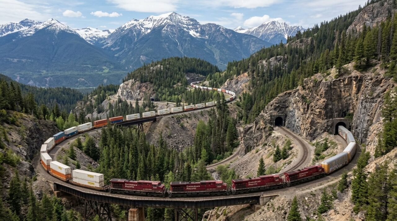 Trilhos da ferrovia canadense contornando a montanha em Kicking Horse Pass