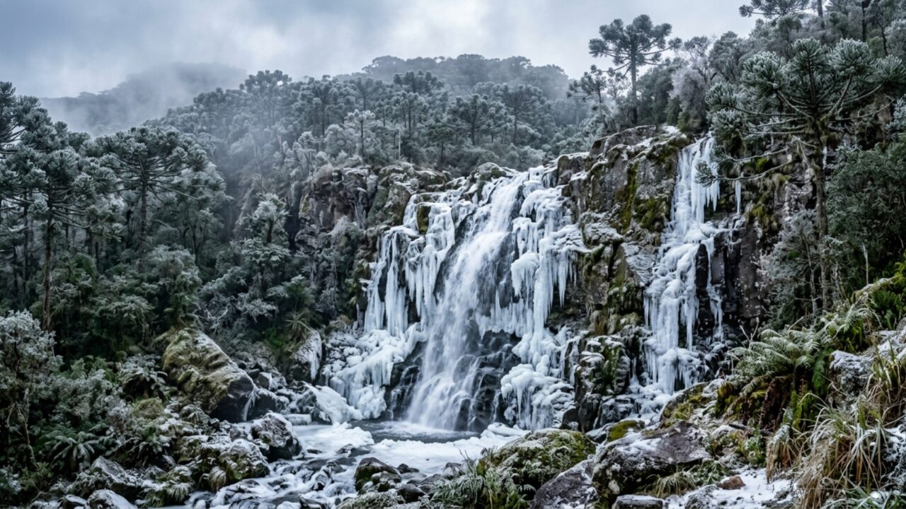 Pequena cidade da Serra Catarinense a 1.425 metros de altitude enfrenta mais de 50 geadas por ano e transforma cachoeiras, campos e árvores em paisagens cobertas de gelo