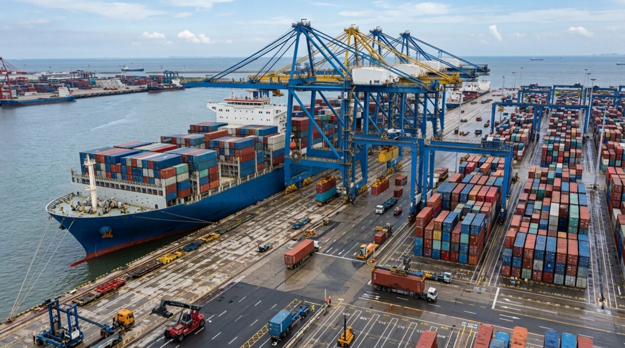 A operação dos porta-contêineres gigantes exige guindastes trabalhando em paralelo e planos de estiva que consideram peso, destino e equilíbrio da embarcação