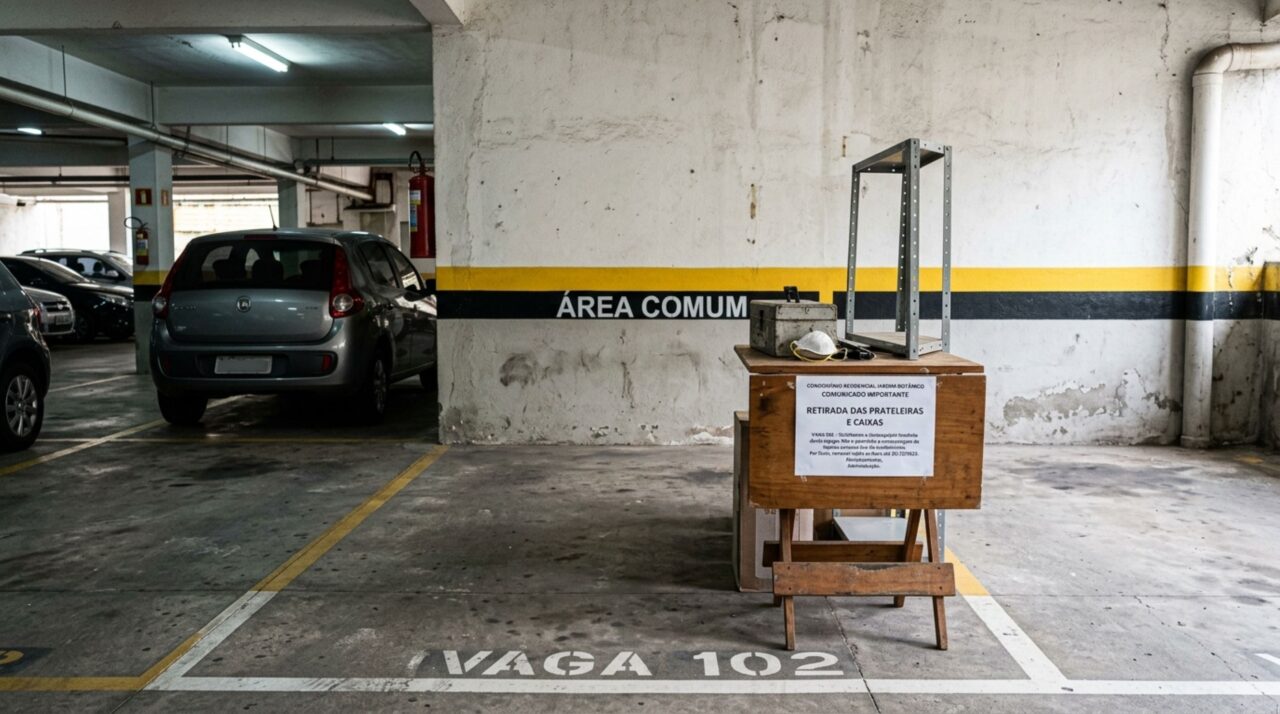 Casal instala prateleiras e transforma espaço atrás da vaga de garagem em depósito por nove anos, achando que aquela faixa fazia parte do apartamento, mas nova administração consulta a planta e exige a retirada das prateleiras e caixas