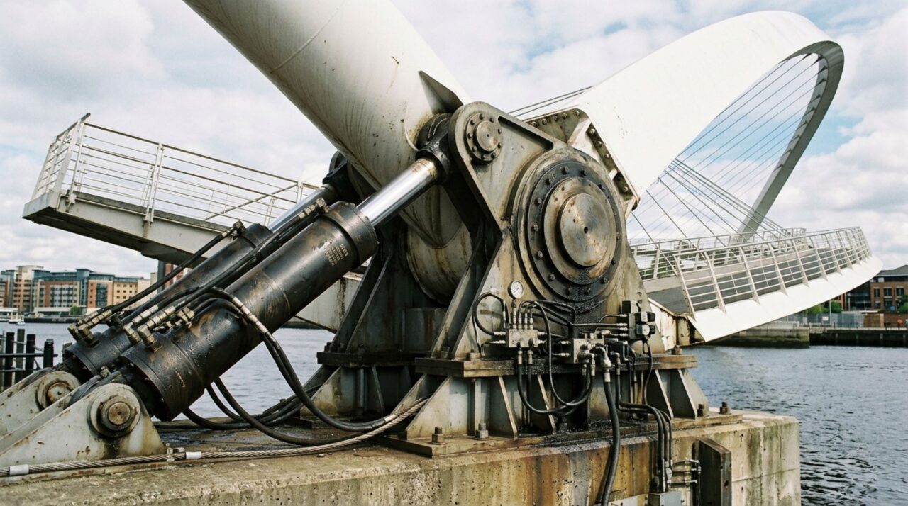 Cilindros hidráulicos e o contrabalanço entre os dois arcos permitem que a Gateshead Millennium Bridge gire de forma controlada até liberar o canal para navegação