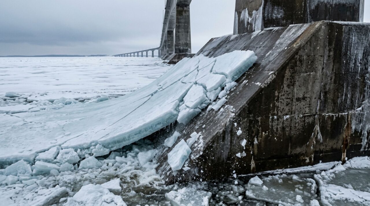 Os escudos inclinados dos pilares da Confederation Bridge levantam as placas de gelo e favorecem sua ruptura por flexão antes que a carga horizontal atinja diretamente a estrutura