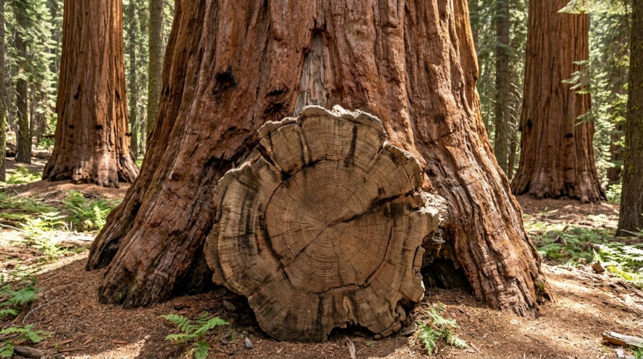 Uma reconstrução visual da General Sherman destaca como a sequoia-gigante continua acrescentando madeira ao tronco mesmo após milênios de crescimento