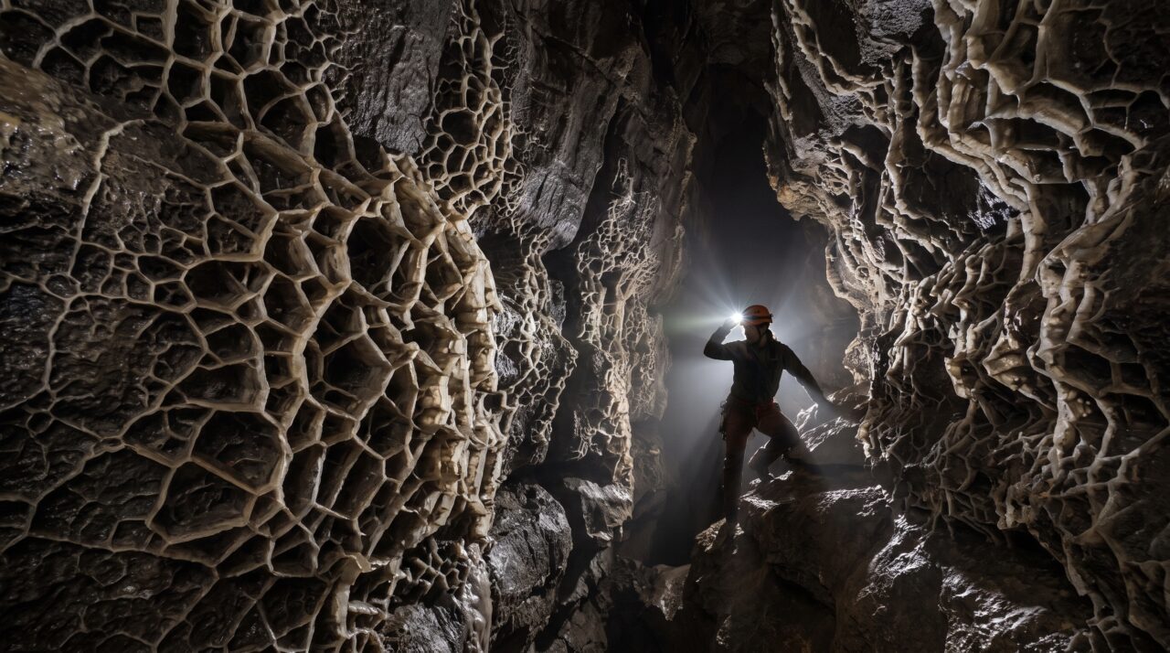 Na Wind Cave, nos Estados Unidos, cristais de calcita mais resistentes sobreviveram enquanto a rocha ao redor era corroída pela água, formando a rara estrutura em favo conhecida como boxwork