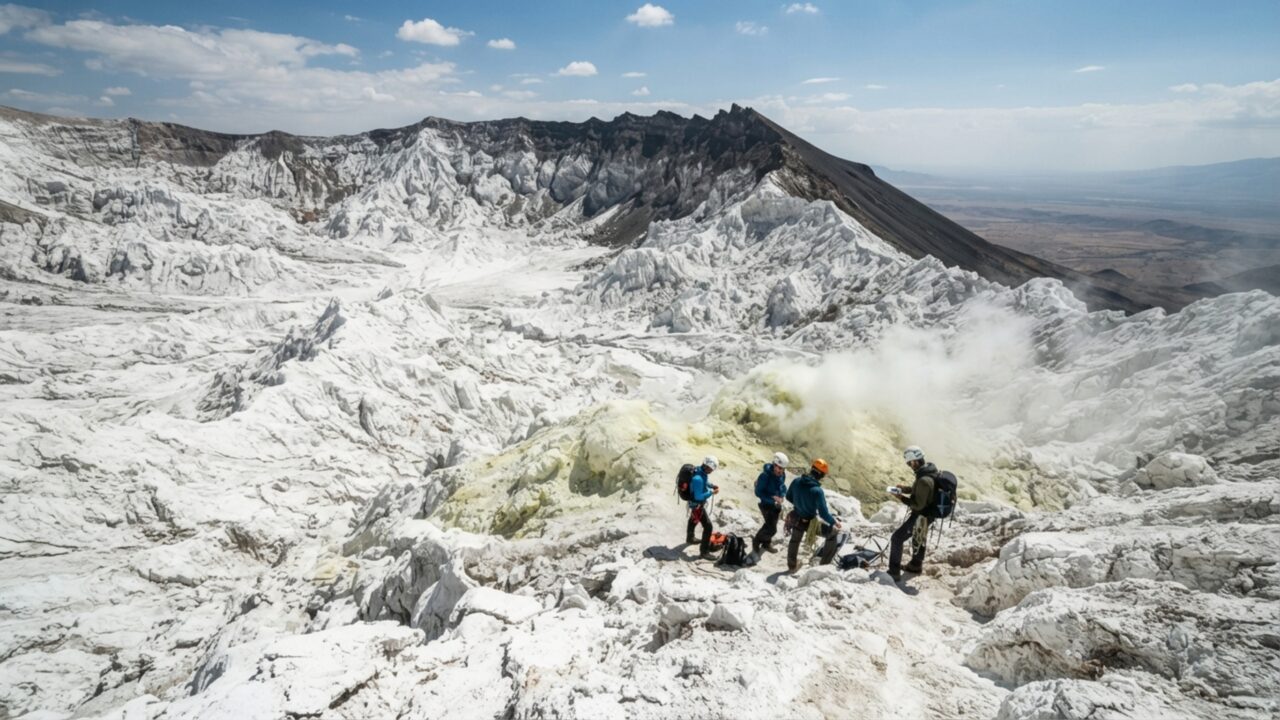 Neste vulcão da Tanzânia, a lava sai preta a cerca de 500 °C e meses depois pode estar completamente branca no mesmo lugar