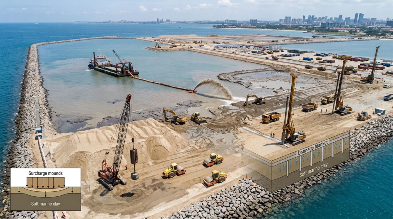 A Silicon Island depende de preenchimento hidráulico, drenagem e compactação para transformar sedimentos marinhos em terreno utilizável