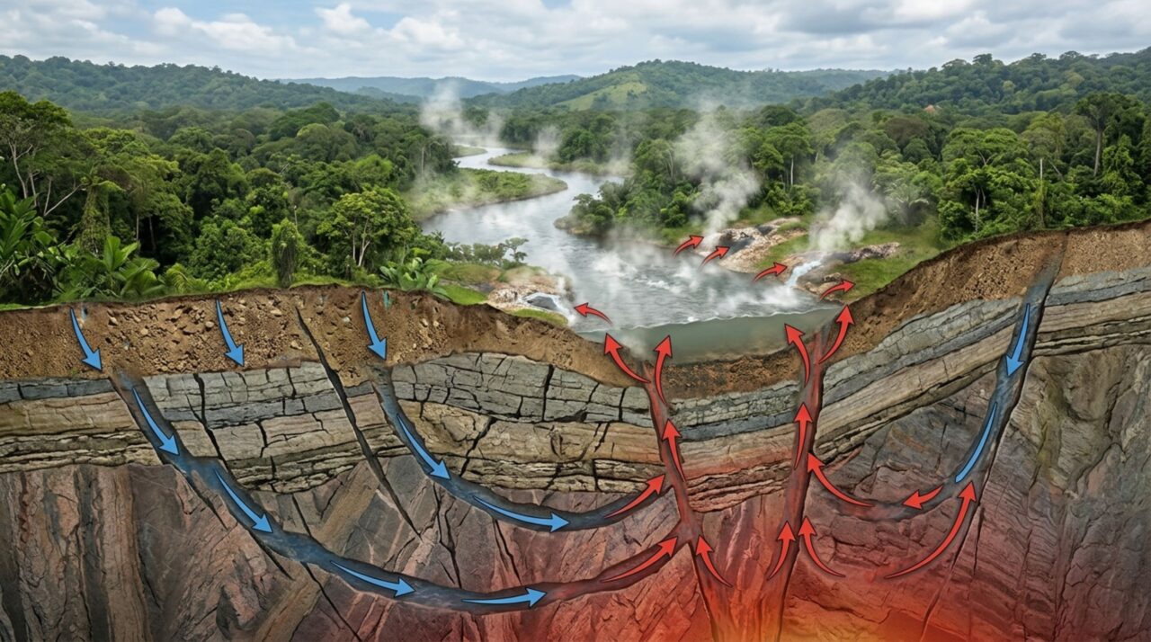 Fraturas geológicas conduzem água aquecida em profundidade até o rio fervente Shanay-timpishka