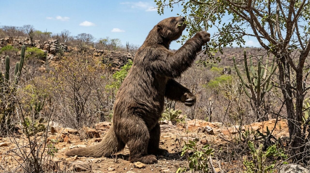 Um morador da zona rural do Rio Grande do Norte encontrou fragmentos de fêmur, costela e falange num terreno seco, levou à universidade, e os ossos eram de uma preguiça-gigante de até 6 metros e 5 toneladas que viveu ali na pré-história