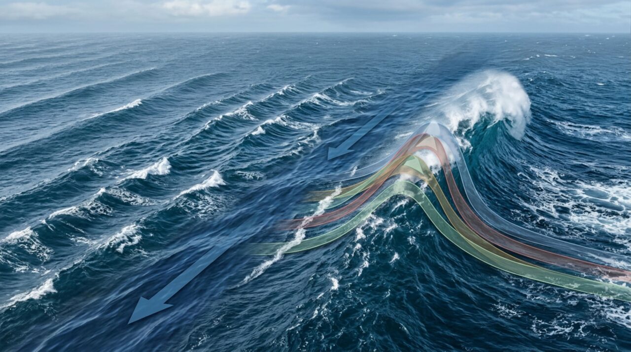 A combinação entre ondas, correntes e interações não lineares pode concentrar energia e favorecer o surgimento de ondas gigantes no oceano