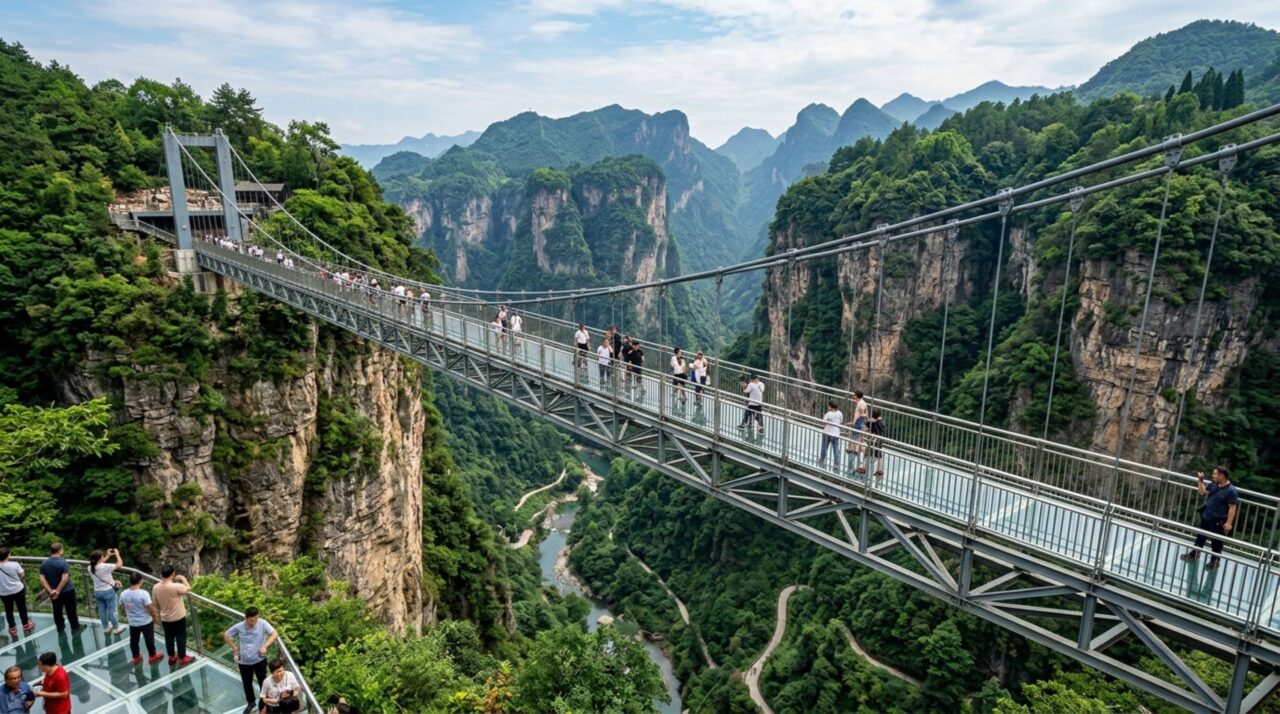 A ponte de vidro de 430 metros na China suspensa a 300 metros do abismo que teve o piso golpeado por marretas antes de receber turistas