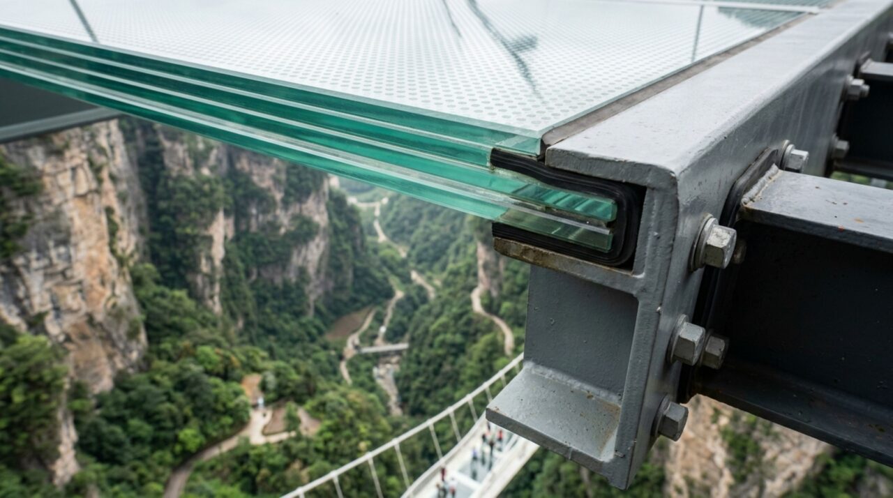 A composição em múltiplas camadas do piso projetada para garantir segurança e resistência
