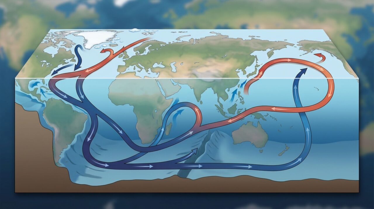 O resfriamento e o aumento da salinidade ajudam águas densas a afundar, alimentando correntes profundas que participam da circulação oceânica global