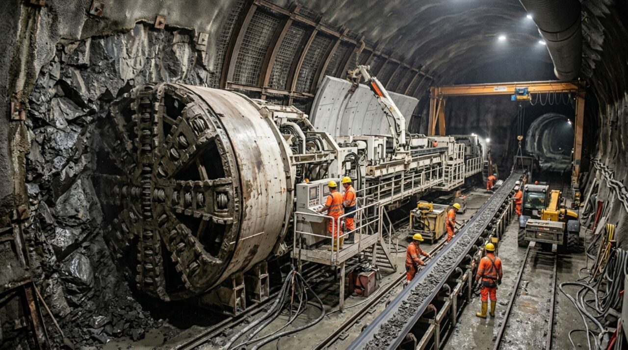 A escavação do Túnel de São Gotardo utilizou grandes tuneladoras e várias frentes de trabalho para abrir dezenas de quilômetros de galerias sob até 2.300 metros de rocha