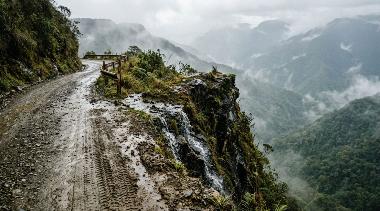 O trecho estreito com pista de cascalho e água na borda da montanha