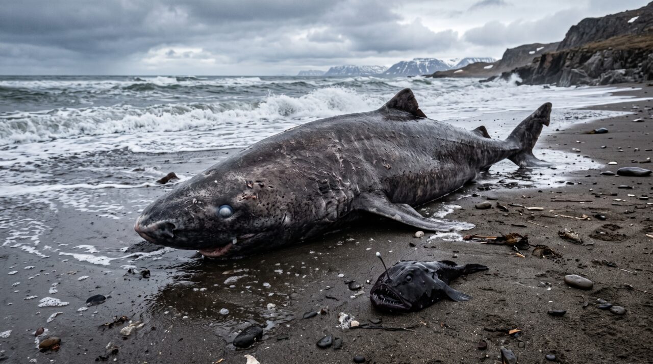 O tubarão-da-Groenlândia de 150 anos achado morto na Irlanda.