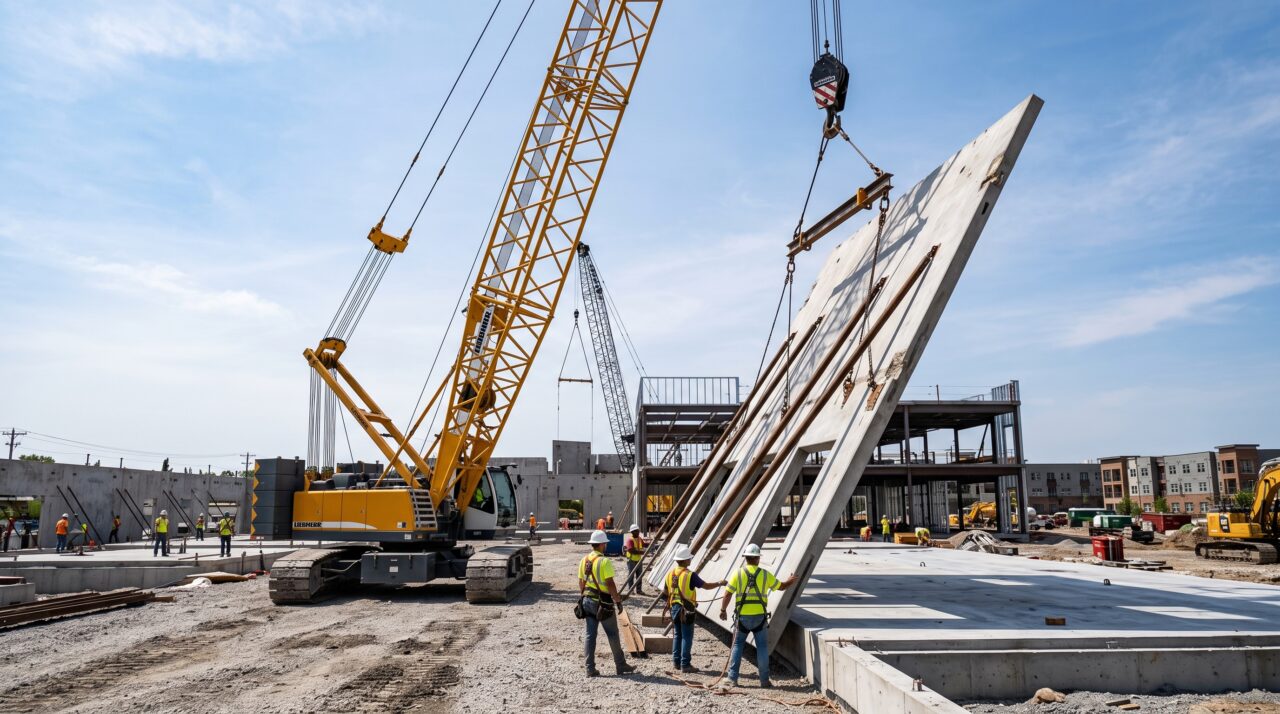 Paredes gigantes de concreto são moldadas deitadas no próprio chão da obra e içadas de uma vez por guindastes, erguendo super galpões e galerias comerciais na metade do tempo