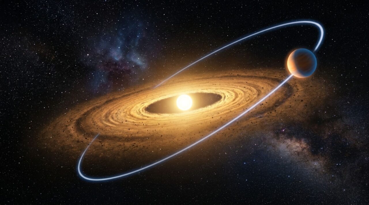 Trajetória inclinada e assimétrica sugere antigas interações e perturbações gravitacionais no sistema