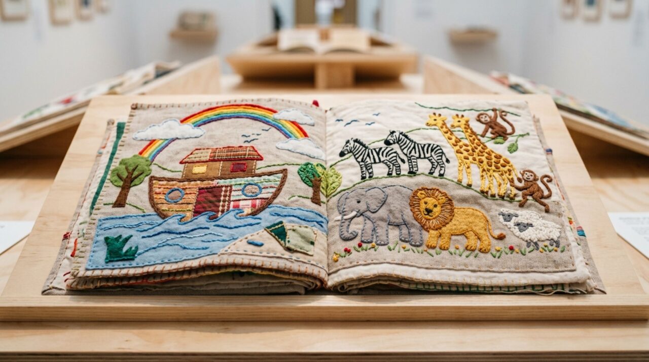 O livro-brinquedo em tecido e bordado à mão foi desenvolvido para o aprendizado tátil de crianças de 2 a 4 anos