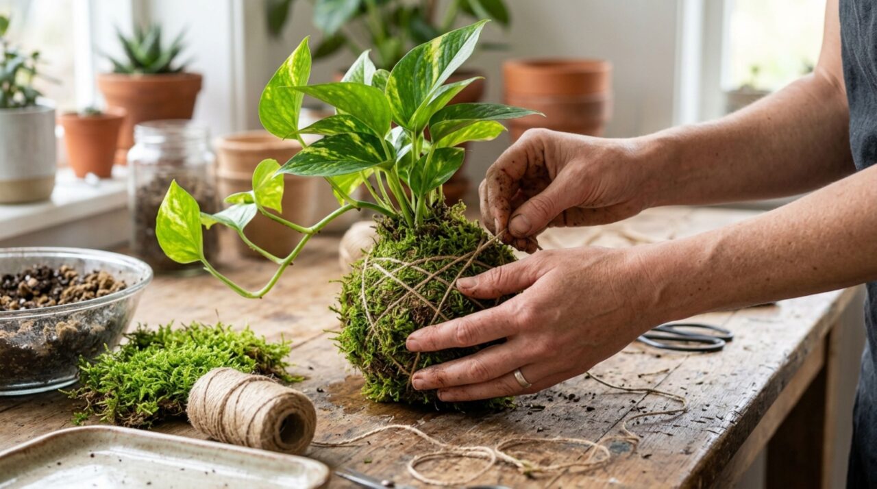 No kokedama artesanal, substrato, musgo e amarração precisam formar uma esfera firme sem comprometer a saúde das raízes
