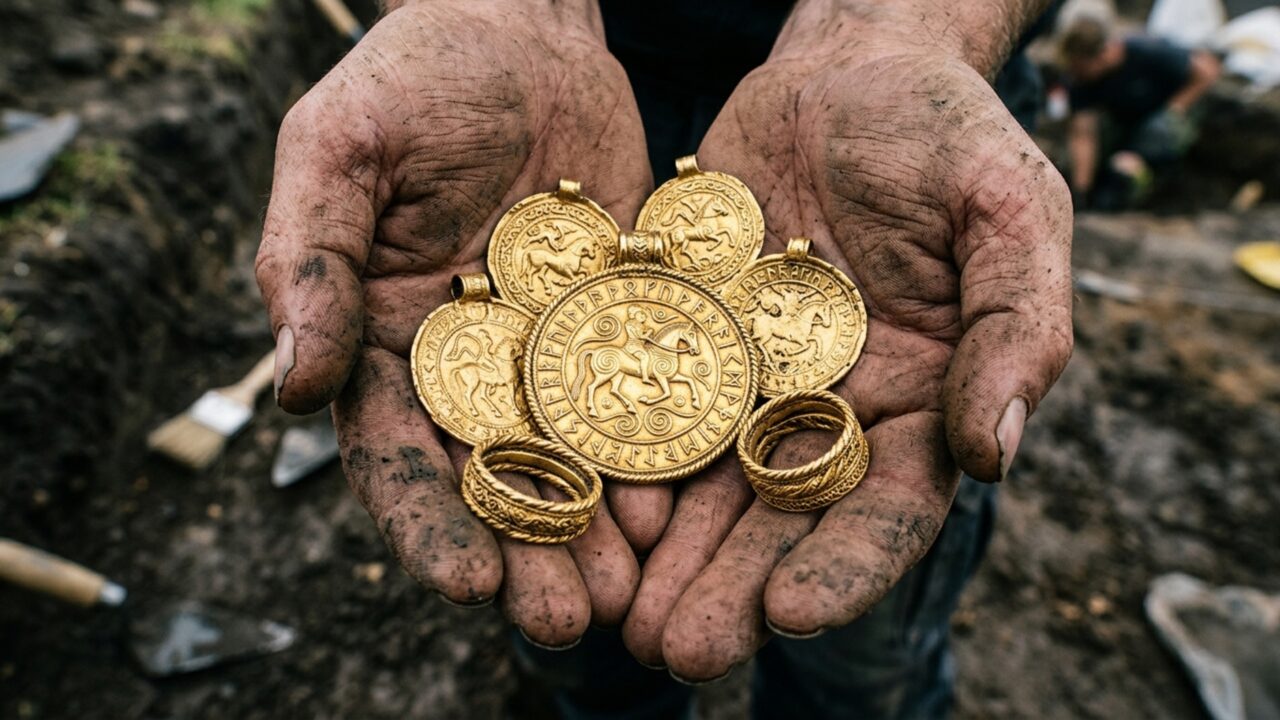 Um homem comprou seu primeiro detector de metais para sair do sofá, ouviu o aparelho apitar numa ilha e encontrou 9 pingentes, 3 anéis e 10 contas de ouro enterrados havia 1.500 anos
