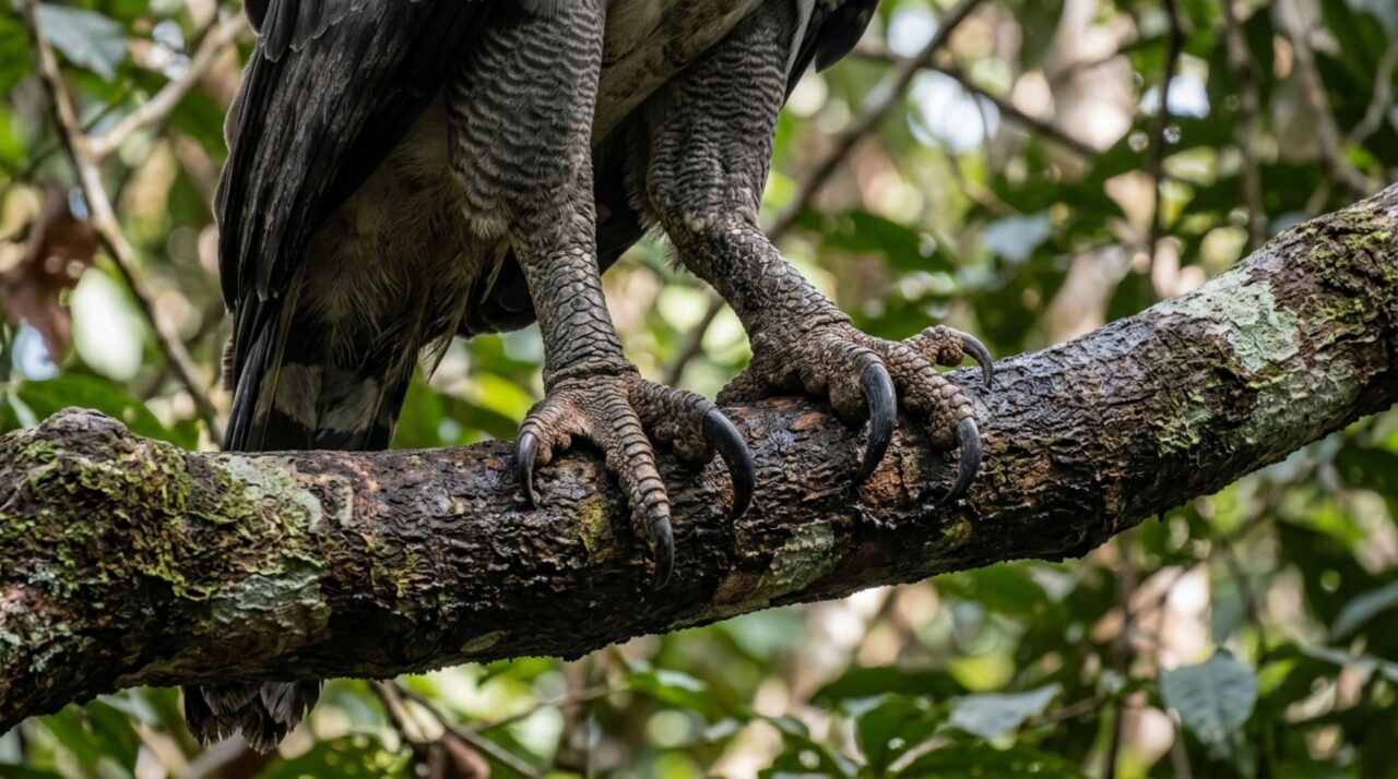 Garras curvas de até 13 centímetros funcionam como ganchos eficientes para capturar presas no dossel