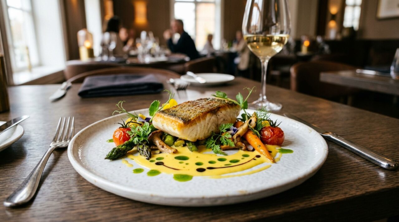 Prato sofisticado de alta gastronomia servido no ambiente de um restaurante elegante