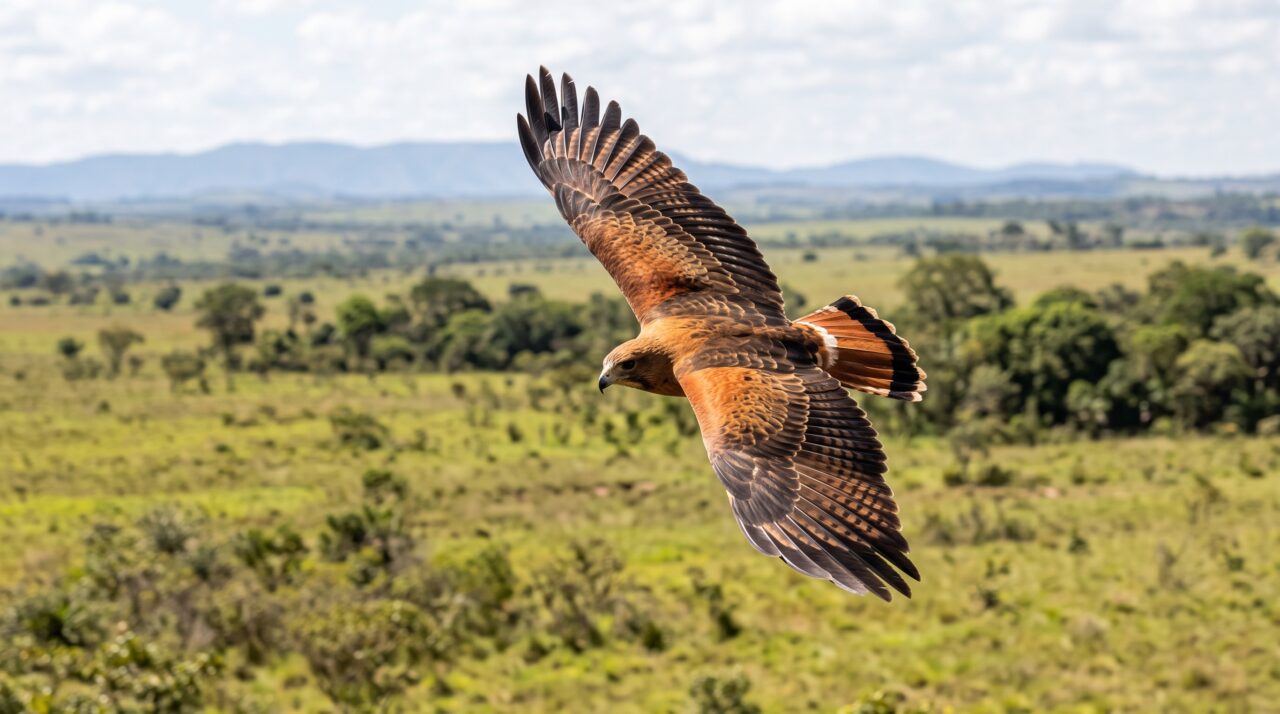 O predador voador de garras afiadas que usa o fogo de queimadas naturais para assustar presas no solo e capturá-las em fuga