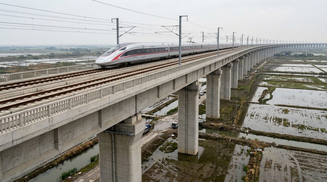 A imagem destaca como a Ponte Danyang-Kunshan usa pilares, vigas rígidas e plataforma ferroviária elevada para manter a regularidade da via sobre solos de baixa resistência e terrenos cortados por água