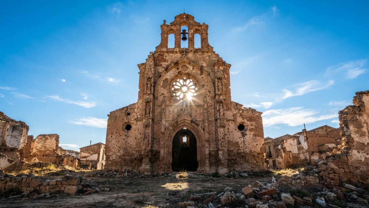 Existe uma cidade destruída na Guerra Civil Espanhola que não foi simplesmente reconstruída, e suas igrejas, torres e ruas em ruínas permanecem ao lado da cidade onde as pessoas vivem hoje