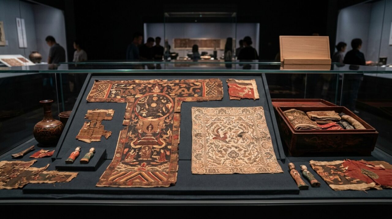 Artefatos e tecidos de seda preservados da tumba da dinastia Han em Mawangdui