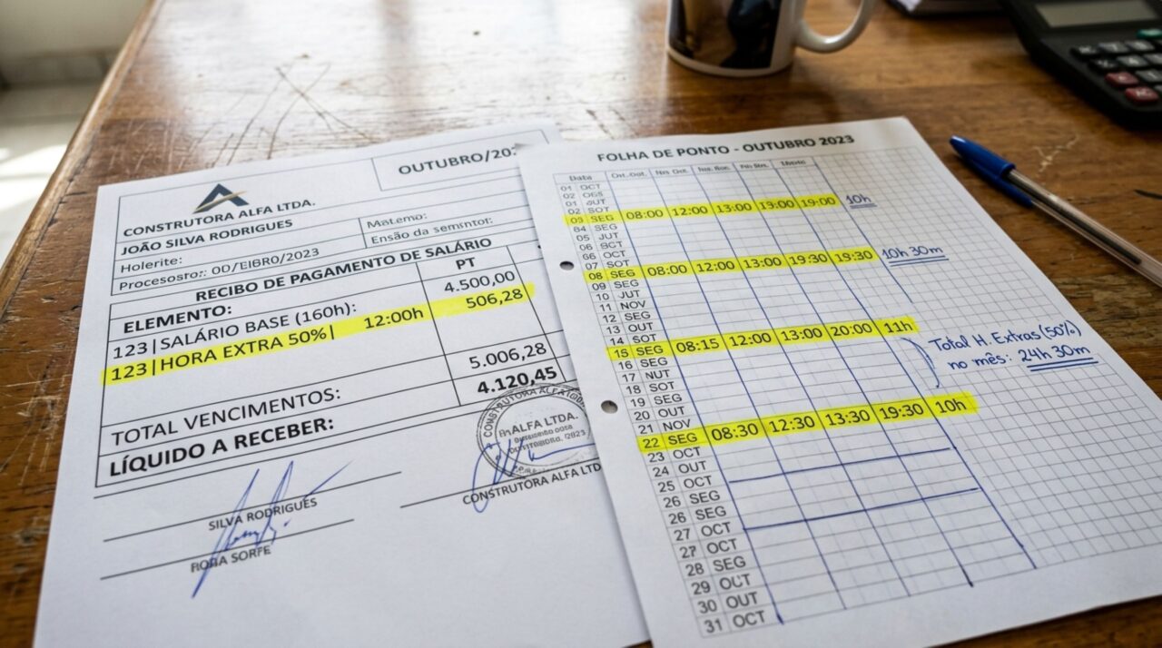 Funcionário faz horas extras durante três meses para aumentar a renda da família e, ao conferir os holerites, percebe que a quantidade registrada não acompanha todas as horas que anotou