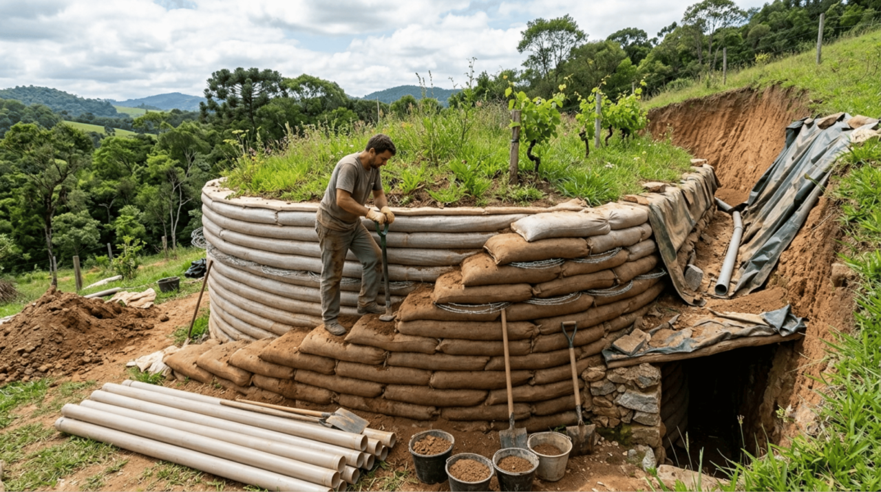 Homem constrói sozinho casa com sacos de batata e terra e transforma terreno em obra bio sustentável em Santa Catarina