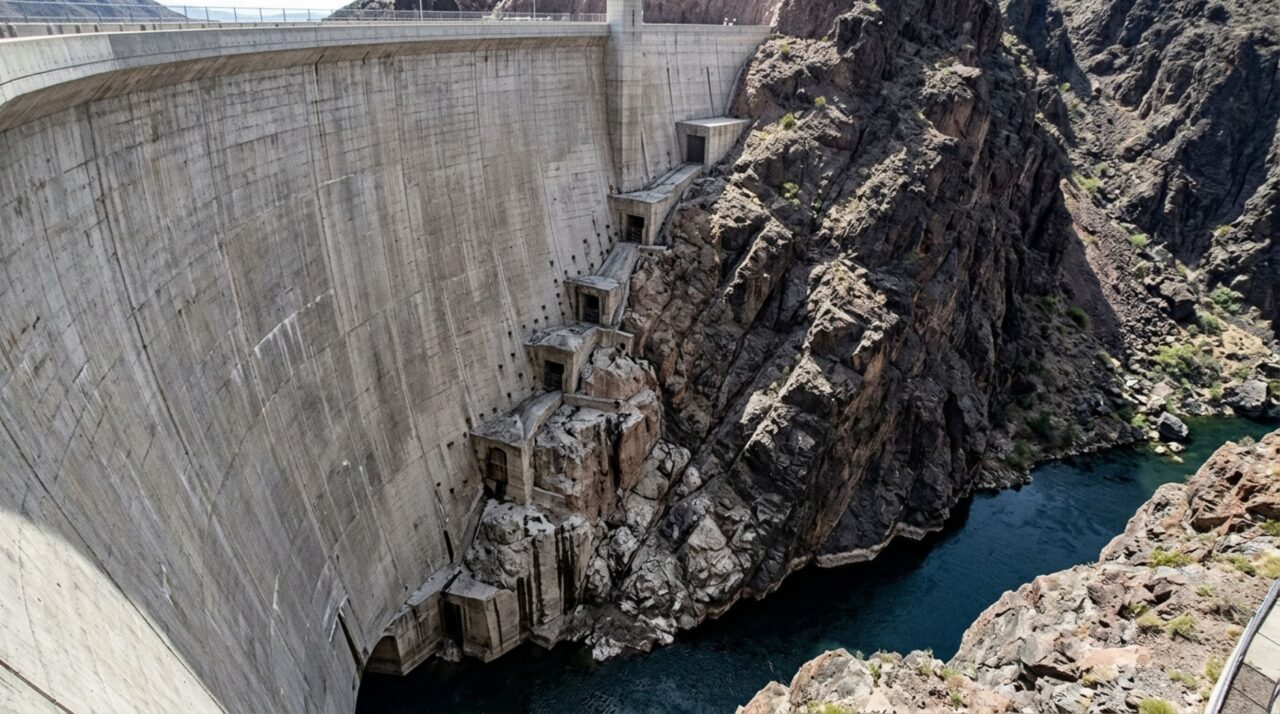 Na barragem em arco Hoover, fundação e ombreiras precisam receber com segurança as enormes forças que a curvatura transfere lateralmente para o cânion
