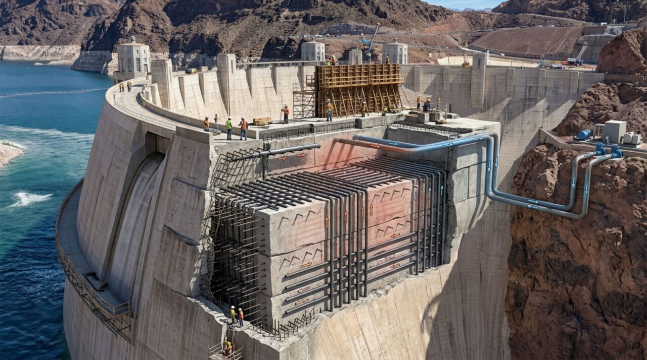 O sistema de resfriamento da Hoover Dam fazia a água circular por tubulações internas para controlar a temperatura e reduzir tensões no concreto
