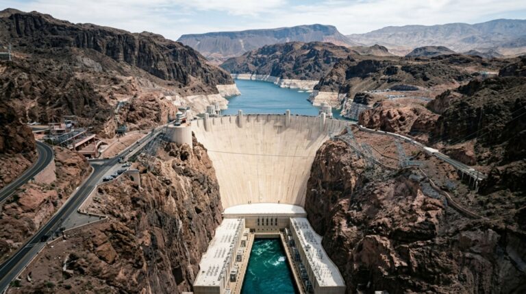 A Hoover Dam combina peso e curvatura para resistir à pressão do Lago Mead e transferir parte dos esforços para as paredes rochosas do Black Canyon