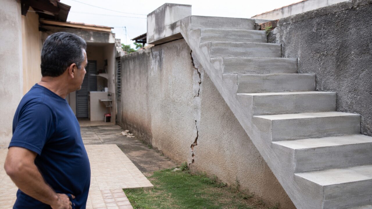 Morador descobre que nova escada da casa vizinha foi apoiada no muro divisório, fissuras aparecem e ele exige demolição da estrutura até apresentação de projeto