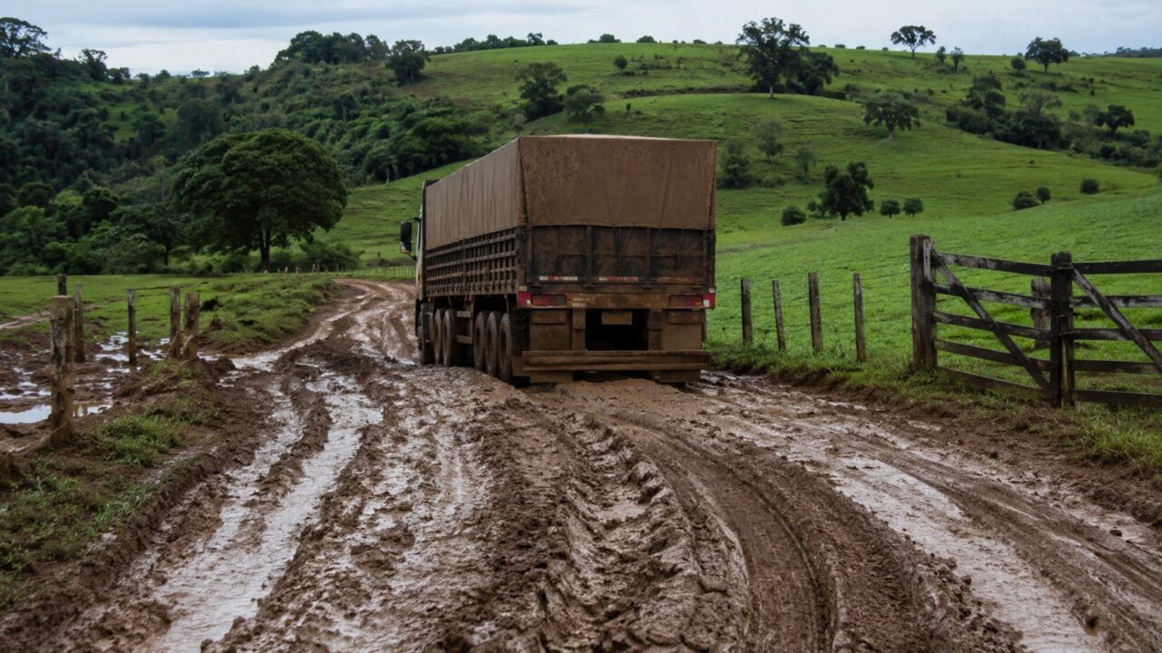 Agricultor autoriza passagem de caminhões por estrada interna durante uma safra e encontra porteiras, curvas e pasto danificados após semanas de tráfego
