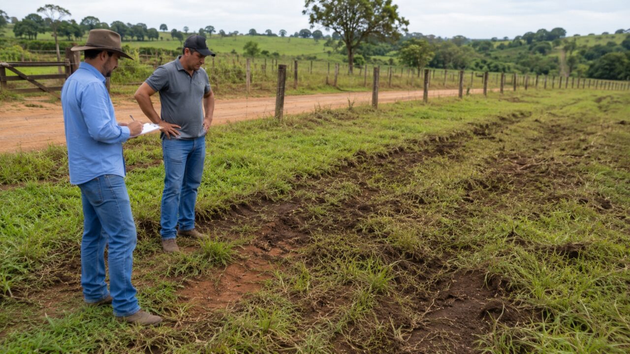 Agricultor autoriza passagem de caminhões por estrada interna durante uma safra e encontra porteiras, curvas e pasto danificados após semanas de tráfego