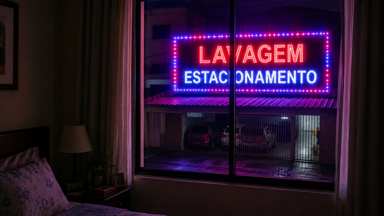 Morador instala letreiro luminoso para divulgar negócio em casa e claridade passa a atingir quarto vizinho durante toda a madrugada