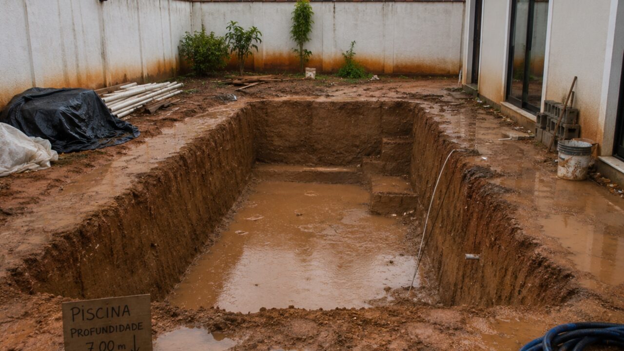 Família contrata piscina de R$ 47 mil e empresa interrompe obra deixando um buraco de sete metros aberto no quintal