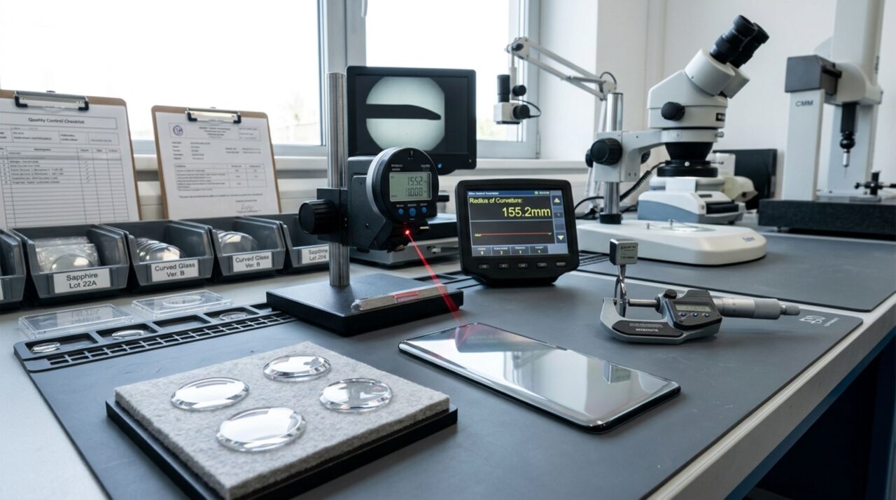 Detalhe da produção de lentes e vidros de alta precisão para componentes eletrônicos