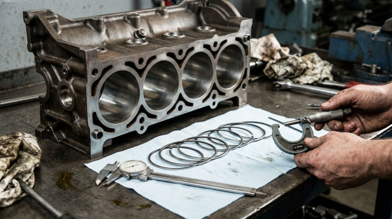 Anéis de pistão metálicos e instrumentos de medição de precisão sobre bancada industrial