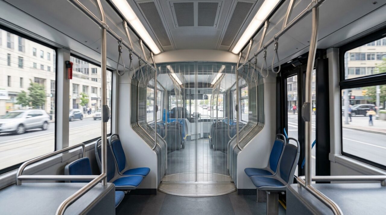 O interior de piso baixo projetado para acomodar centenas de passageiros