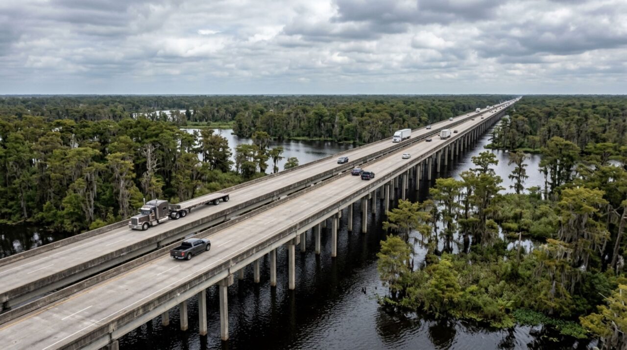 A rodovia de 29 km suspensa sobre um pântano com jacarés