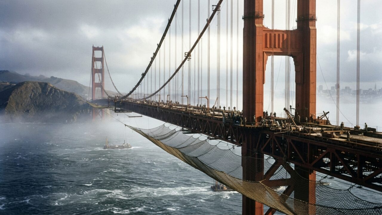 Uma rede instalada sob a construção da ponte Golden Gate salvou 19 trabalhadores de quedas fatais, e os homens que caíram nela passaram a se chamar de Clube do Meio do Caminho para o Inferno
