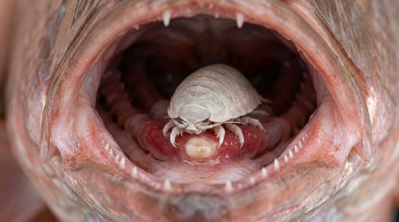 O Cymothoa exigua permanece preso à base da língua atrofiada e passa a ocupar fisicamente o espaço do órgão