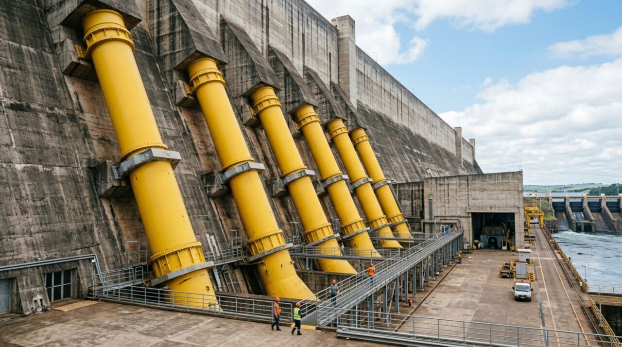 Condutos forçados na base da barragem direcionam a água para as unidades geradoras da usina