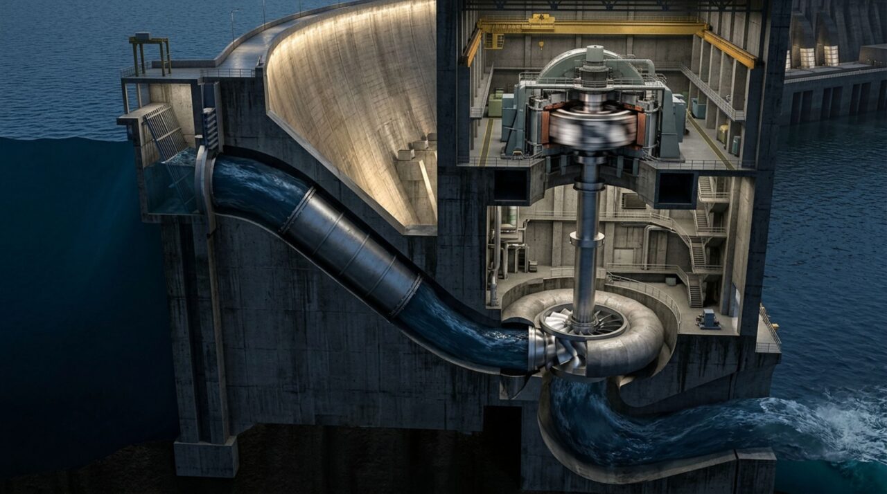Na Usina de Itaipu, a água conduzida pelos grandes condutos forçados movimenta turbinas Francis que transformam a energia hidráulica do rio Paraná em eletricidade