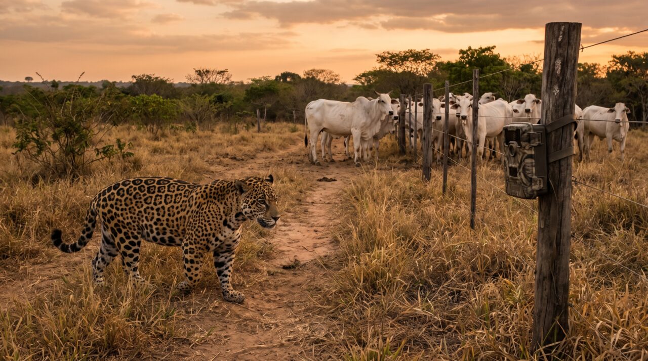Imagens de câmeras instaladas numa fazenda mostram que a onça suspeita de rondar o gado nunca se aproxima durante o manejo do rebanho, mas atravessa o mesmo terreno horas depois, levando a equipe a passar o rebanho por outro corredor ao entardecer